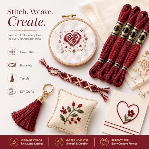 FASHEWELRY 10 Skeins Dark Red Embroidery Floss Friendship Bracelet String Threads 6-Ply 0.5mm Cross Stitch Embroidery Thread for Sewing Bracelet Making Stitching Crafts - color: Dark Red, size: 0.5mm