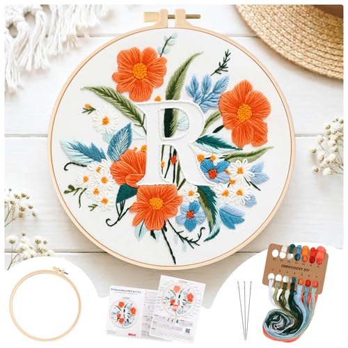 Zerzsy 7.87 '' Embroidery Kits Plant Flower Leaf English Letter Patterns for Beginners Adults, Easy to Learn Cross Stitch Kit for Home Office Decor - color: Letter R