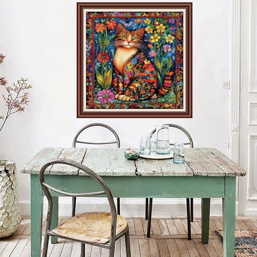Dimxvean Counted Cross Stitch Kits for Adults,11CT Unprinted Cross-Stitch Pattern Embroidery Kit Cross Stitching Kit Supplies Needleworks Set- Magical Cat Flower 18x18 inchs - color: SetColor04