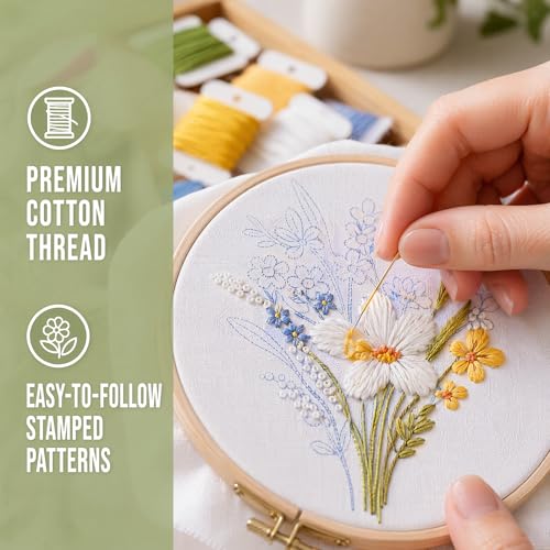 Huacan Embroidery Kit for Beginners with Stitch Video, Flower Cross Stitch Kits for Adults, Starter, Hand Craft Lover Practice with Floral Stamped Pattern