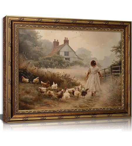 Vintage Gold Framed Farmhouse Wall Art Retro Country Farm Girl with Chicken Canvas Wall Decor Rustic Pastoral Scenery Painting Picture Artwork for Living Room Bedroom Home Decor - color: Chicken Coop, size: 24"L x 16"W