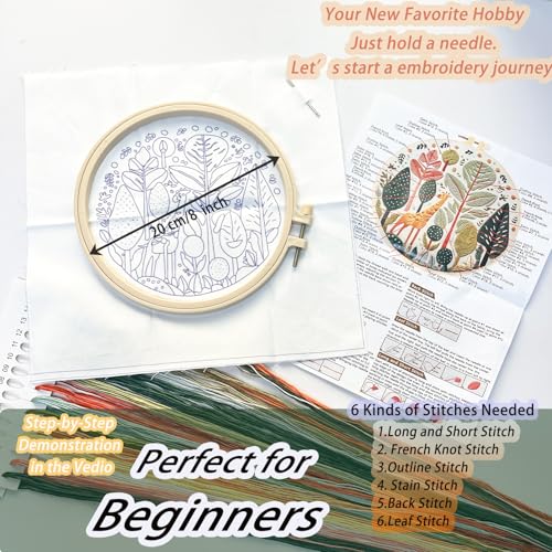 FONNUY Giraffe Pre-Stamped Embroidery Pattern for Beginners, Boho Needlepoint Kits for Beginners Cross Stitch Craft Sewing Full Needles and Thread Hoop Kit (Giraffe 04) - color: Giraffe 04