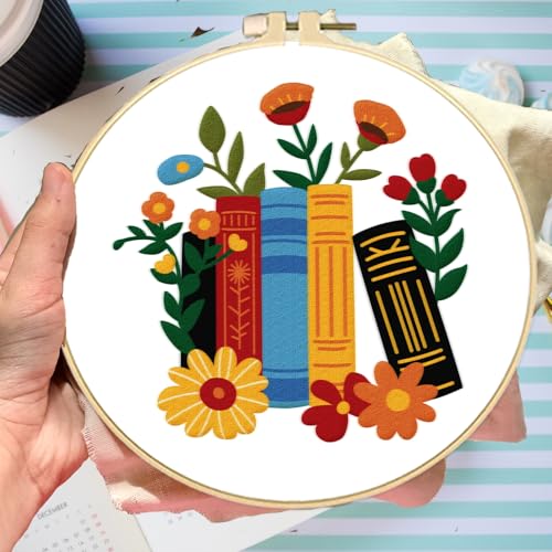 BEUNITONE Flower Embroidery Kit for Beginners 4 Pack Embroidery Starter Kit for Adult Cat Plant Books Pattern Stamped Cross Stitch Set with Instructions Embroidery Hoops Easy for DIY Craft 7.9'' - style: Cats Books