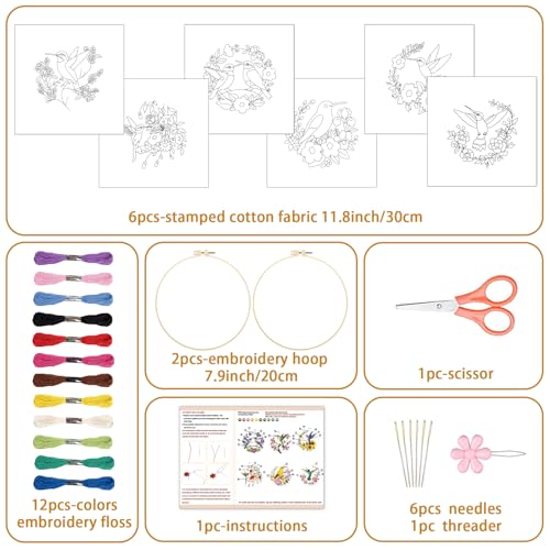 BEUNITONE 6 Set Hummingbird Starter Embroidery Kit with Pre-Stamped Pattern - style: Hummingbird