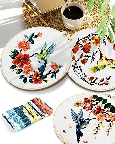 TINDTOP Embroidery Kit for Adult, Hummingbird Butterfly Mushroom Flower Kit - color: Embroidery Kit for Adult for Beginners
