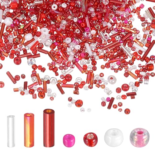 MECCANIXITY 5000 Pcs Mixed Glass Seed Beads, 1.5-6mm Mini Loose Glass Bugle Spacer Bead Embroidery Beads for DIY Craft Projects Earrings Necklaces Bracelets Jewelry Making, Bright Red - color: Bright Red