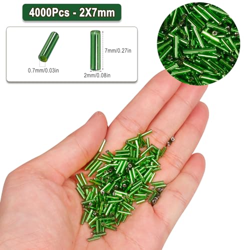 4000pcs Rose Bugle Beads Bulk -Embroidery Beads,Long Tube Bead for Jewelry Making, Bracelet Necklaces Supplies,Craft DIY(7x2mm) - color: Grass green