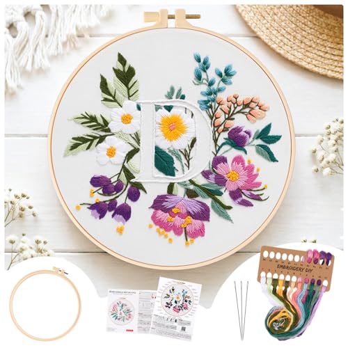 Zerzsy 7.87 '' Embroidery Kits Plant Flower Leaf English Letter Patterns for Beginners Adults, Easy to Learn Cross Stitch Kit for Home Office Decor - color: Letter D