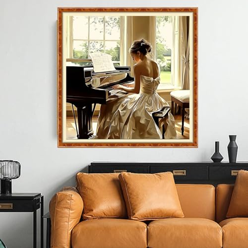 Funchey Counted Cross Stitch Kits for Adults Needlepoint Kits Unprinted Cross Stitching Embroidery Kit 11CT Cross Stitch Supplies- Piano Girl 18x18 inch - color: Artcolor16