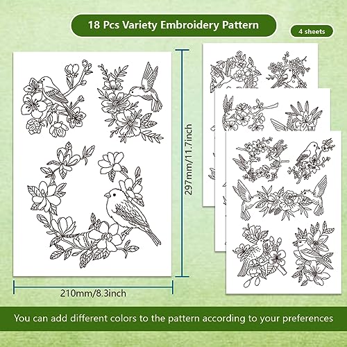 BENECREAT 4Sheets 18Pcs Water Soluble Embroidery, 11.7x8.3inch Birds and Flowers Pattern Transfers Water Soluble Stabilizer for Embroidery Stick and Stitch Embroidery Designs - color: Birds and Flowers
