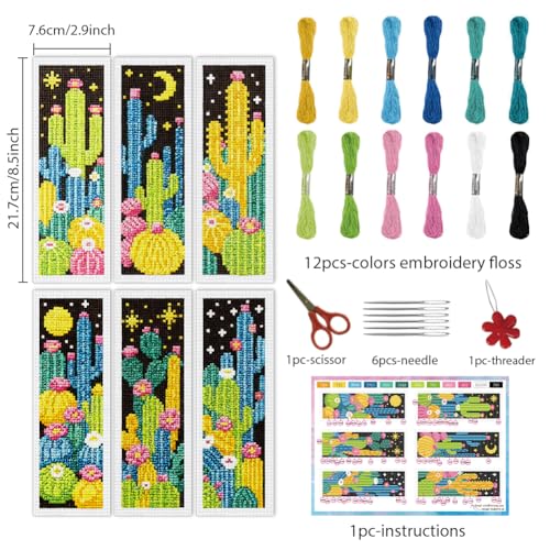 INFUNLY 6pcs Dark Cactus Cross Stitch Bookmark Kit for Beginners DIY Cactus Grove Embroidery Bookmark Kits Night Plants Needlepoint Kit with Instruction Easy Cross Stitch Set for Book Lovers Readers - style: Cactus Jungle
