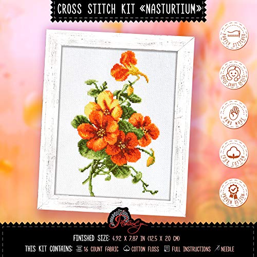 Povitrulya Summer Flowers Cross Stitch Kit 'Nasturtium' - Floral DIY Embroidery Set for Adults with Paper Pattern and Prestored Floss - color: Nasturtium