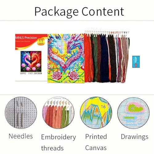 Zhenqing Twin Dragon Heart Stamped Cross Stitch Kit for Beginners, 11CT Printed Full Coverage Fire and Ice Dragon with Roses Pattern, 38 x 38 cm DIY Fantasy Embroidery Needlework Set, No Hoop Needed - color: Fire & Ice Dragon Heart
