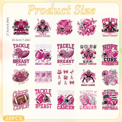 20 Pcs Breast Cancer Awareness Iron on Transfers for T-Shirts Pink Football - color: Pink Football