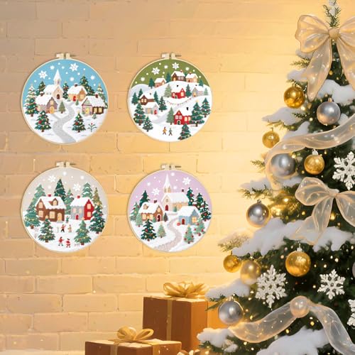ORIGACH 4 Pcs Christmas Winter Town Embroidery Kit for Beginner - style: Christmas