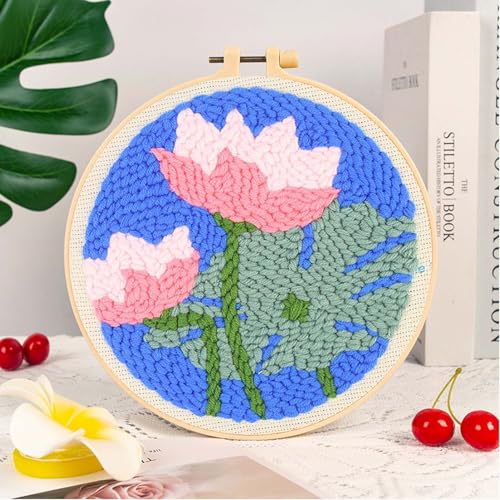 Allazone 3 Set Punch Needle Embroidery Starter Kits with Flower Pattern, Punch Needle Tool Threader Fabric, Yarn, Embroidery Hoop for Crafts, Home Decor