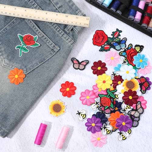 72 Pcs Flower Iron on Patches Colorful Butterfly Embroidered Iron On Patches for Clothing Sewing Patch Cute Daisy Flower Bee Applique Patch for Clothing Jackets Jeans Pants Hats Backpacks