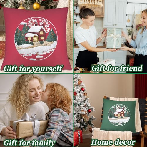FONNUY Christmas Embroidery Kit for Beginners, Throw Pillow Case Cross Stitch Set Winter Snow House Holly Tree Pattern for Adults, Hand Works Crafts Throw Pillow Cover, 18 x 18'' (Green) - color: Green