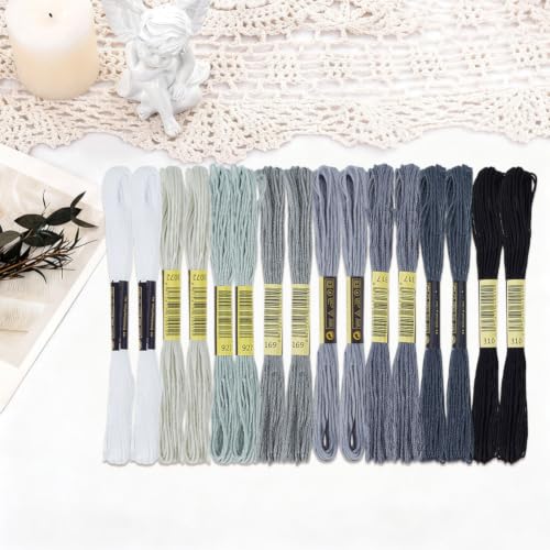 16 Skeins 131 Yards Multicolor Embroidery Thread Set 6 Ply 1.2mm Cotton Cross Stitch Embroidery Floss Friendship Bracelet String for Bracelet Making Knitting Stitching Sewing Crafts (Gray) - color: Gray-16 Skeins
