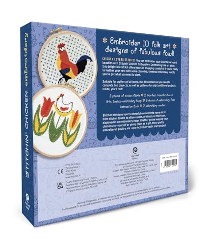 Stitchin' Chicken Embroidery Kit: Includes Cotton Fabric, 6” Embroidery Hoop, Embroidery Floss, 2 Embroidery Needles, Instruction Book, Pattern Transfer Sheets