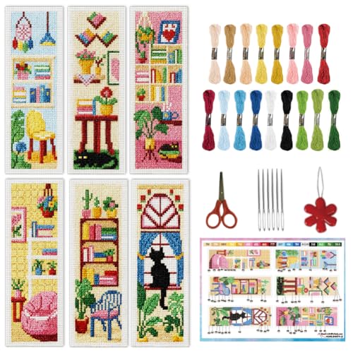 INFUNLY 6PCS Sweet Home Cross Stitch Bookmarks Kit 3×8.5inch Cat Window Stamped Embroidery Bookmark Kit Life Scenarios Needlepoint Bookmark Set with Instruction for Book Lover Reader Writer - style: Sweet Home