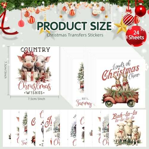 ZMRU 24 Sheets Vintage Christmas Rub On Transfers for Crafts, Rub On Transfers Christmas for Wood，Furniture Decals, Glass, Porcelain, Leather, Canvas, Fabric Projects,3 * 3inch(Farm Christmas) - color: Cottage farm Christmas