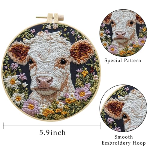 LB 4 Pack Farmhouse Cow Embroidery Kit for Beginners Rustic Floral Plant Beginner Embroidery Kit for Adults DIY Starter Kit with Embroidery Hoop Colorful Threads Tools and Instructions - color: White