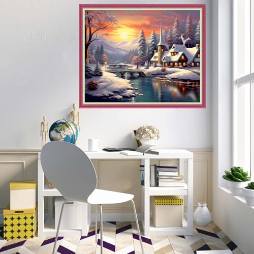 Disnesart Cross Stitch Stamped Full Embroidery Kits DIY 11CT Cotton Thread Printed DIY Needlepoint Kits Craft Needlework Set Cross-Stitch Stamped Sets-Winter Snow Scenery 16x20 inch - color: Stylepattern09