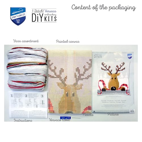 Vervaco Cross Stitch Christmas Pillow Kit Reindeer DIY Home Decor Stamped Embroidery Chunky Cross Stitch Cushion Craft Supplies ca. 16" x 16" Needlepoint Kits for Adults Creative Gift - size: Reindeer