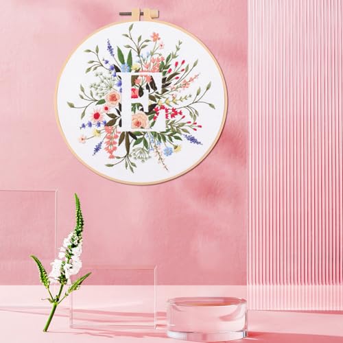 IUHUI Embroidery Kit for Beginners Adults - 26 Floral Letters Easy Patterns, DIY Hand Stitching Embroidery Set with Hoop (Flower and Grass Letter E) - color: Flower and Grass Letter E