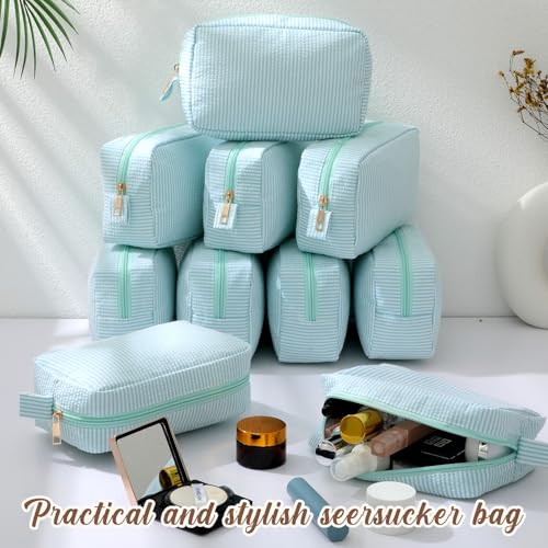 Sanwuta 10 Pcs Seersucker Cosmetic Bag Seersucker Makeup Bag Women Stripe Large Travel Toiletry Organizer Preppy Storage Pouch for Embroidery Wedding Bridesmaid Bride Mom (Mint Green) - color: Mint Green