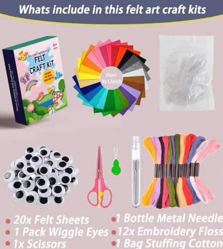 Full Sewing Felt Sheets Craft Kit, 20Pcs 8"x 12" Assorted Color Craft Felt Sheets, with Wiggle Eyes, Embroidery Floss Etc for Crafts DIY, Home Decor, Sewing,School Projects
