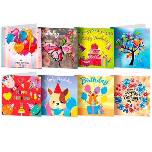 Diamond Art Painting Happy Birthday Cards, 8 Packs 5D Diamond Greeting Cards Kits for Adults DIY Diamond Art Birthday Cards with Envelopes Birthday Gifts for Families, Friends, Partners - color: Happy Birthday - 8 Packs