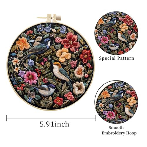 LB Red Floral Embroidery Kit for Beginners Adults, 3 Sets Hand Embroidery Starter Kit with Cute Bird Pattern and Instructions Stamped Cross Stitch Kits Include Embroidery Hoop Needles Threads Scissors - color: Red Blue