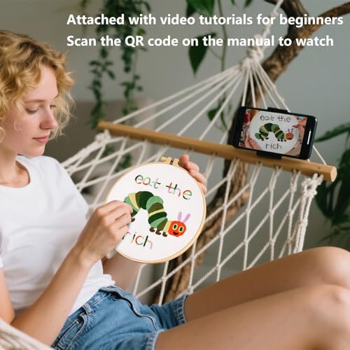Hungry Caterpillar Embroidery Kits for Beginners Adults, Cute Embroidery Starter Kits, Counted Cross Stitch Kits for Beginners DIY Craft Kits for Adults Women, Embroidery Hoop, Thread & Video Tutorial - color: H2040, size: 8Inch