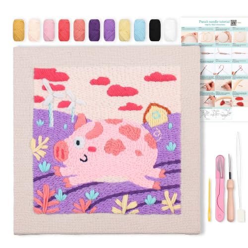 Embroidery Punch Needle kit Frame, Embroidery Starter Kits for Beginner,Punch Needle Fabric with Pattern,Threader, Yarns,Embroidery Hoops & Rug Punch (Purple) - color: purple