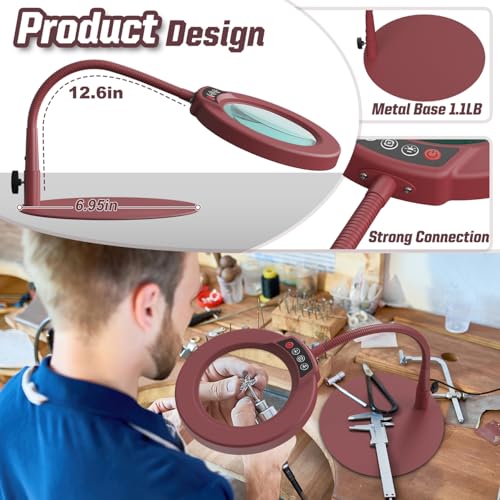 10X Magnifying Glass with Light and Stand, 5 Color Modes Stepless Dimmable LED Lighted Desk Lamp, Hands Free Flexible Gooseneck Magnifier with Light for Craft Hobby Painting Close Work - Red - color: Red, size: 10X-12.6in
