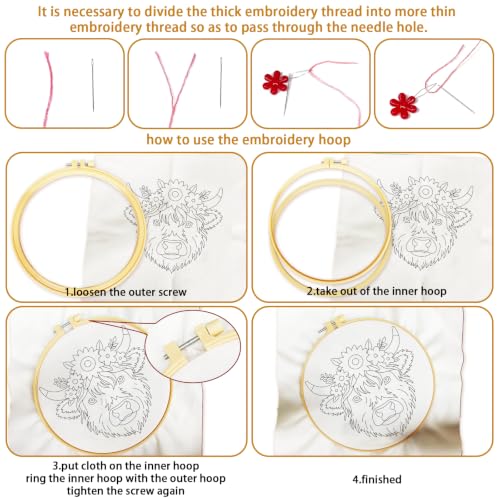 BEUNITONE 4pcs Embroidery Kit, Highland Cow & Sunflowers Stamped Embroidery Kits with Hoop, Thread & Needles, Colorful Cross Stitch Kits Sewing Gifts for Adults and Beginners, DIY Craft for Relaxation - style: A-Highland Cattle