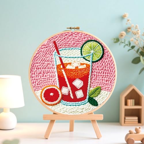 BEUNITONE 2Pcs Drinks Punch Needle Kit for Adults Beginners, Complete Embroidery Craft Kit Needlepoint Kits for Adults with Hoop, Punch Needle Starter Craft Set for Gifts and Home Decor 20x20CM - color: 14-Drinks