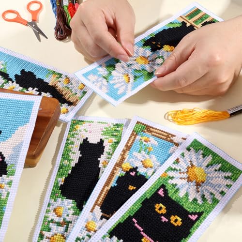 ORIGACH 6 Set Cat & Daisy Cross Stitch Bookmark Kit for Beginner - style: Cat and Daisy