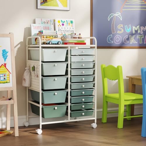 Giantex 15 Drawer Storage Cart, Rolling Craft Cart with Metal Tabletop & Pegboard, Mobile Utility Organizer Trolley with Locking Wheels, Home Office, Classroom, Teacher Supplies, Green Gradient - color: Green Gradient, size: 15 Drawer-25"x14.5"x34.5"