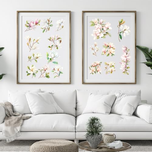 3 Sheet Floral Furniture Transfers 6"x12" Rub on Vintage Flower Rub on Transfers Waterproof Retro Watercolor Magnolia Rub on Transfer Stickers Decals for Wood Glass Door Wall Home Decor - style: Magnolia Theme 2