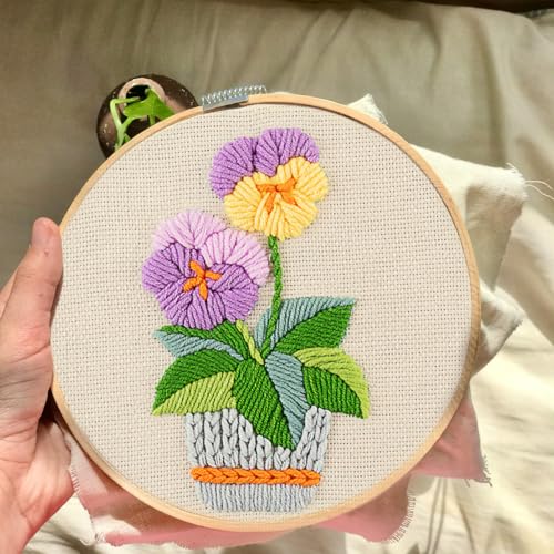 FONNUY Embroidery Kit for Beginners，3D Plants Flowers Pre-Stamped Pattern Kits Brightly Colored for Adults with Hoop (Purple Orchid) - color: Purple Orchid