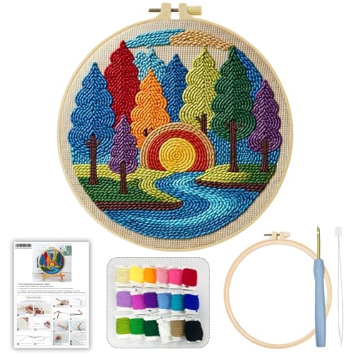 ZuoAnLF Punch Needle Kit for Beginner, Rug Yarn Hooking Beginner Kit with Instruction, Punch Needle Fabric with Pattern, Yarns, Embroidery Hoops for Punch Needle 20CM/9.8INCH (Tree) - color: tree