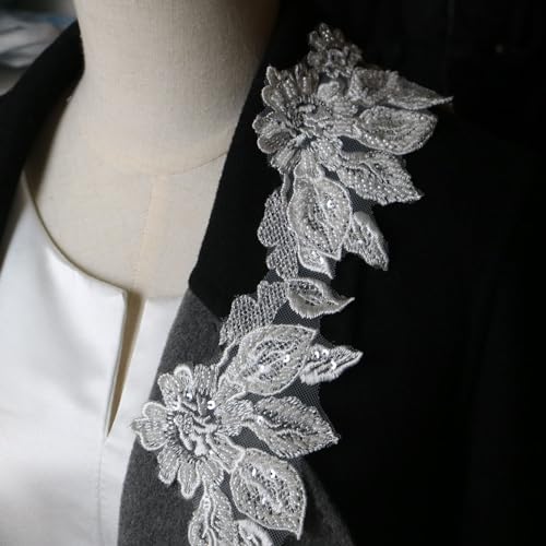 2yard Sequins Beaded Flower Embroidery lace Appliques for Wedding Dresses Rhinestone Applique Patches lace Trims parches ropa (Off White) (P3286A) - color: SPXB-P3286A-2yR22