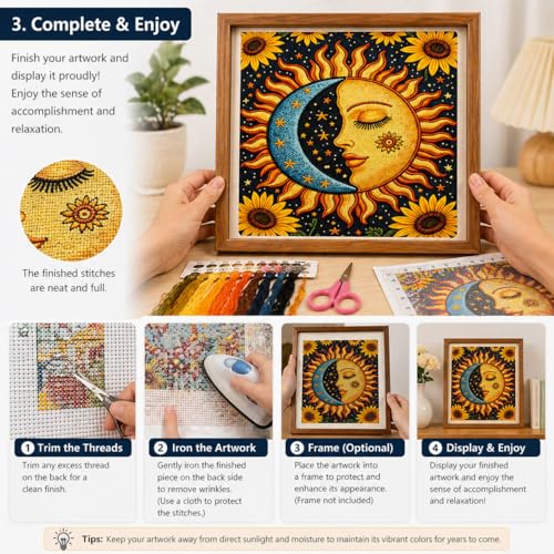 WYBQFDJ Sunflower Sun & Moon Beginner Cross Stitch Kit, 11.8 x 15 in