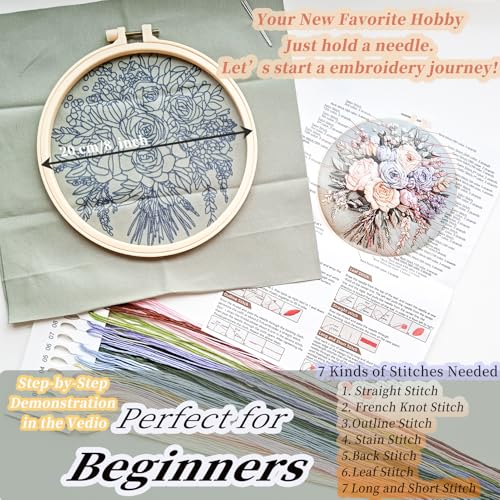 FONNUY Bouquet Flowers Embroidery Kit for Beginners, Pre-Stamped Pattern Kits for Adults with Hoop, Easy to Follow Color Thread Needlework, 8'' Hoop (Joyful Bouquet) - style: Joyful Bouquet