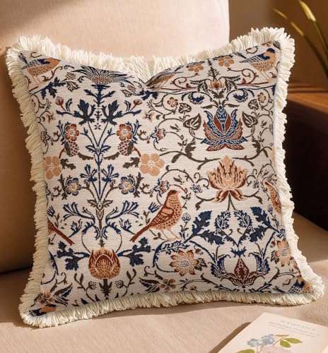 Decorative Throw Pillow Cover 18x18 - Vintage Pillowcovers with Fringe Bird Flower Cute Embroidered Pillow Case with Zipper for Living Room Couch Sofa Bed Rustic Boho Design Abstract