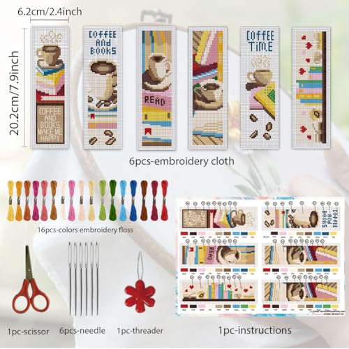 ORIGACH 6 Set Coffee & Book Cross Stitch Bookmark Kit for Beginner - style: Coffee and Books Cross Stitch Bookmark Kit