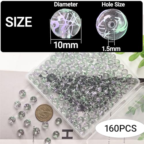10mm Hand-Drawn Glass Beads Bulk 160pcs Green Purple Round - color: Green&Purple 10mm